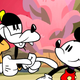An animated Goofy points two fingers at a smiling Mickey Mouse.